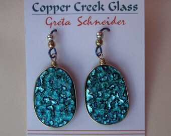 Gorgeous Classy Turquoise Dichroic Wire Wrapped Earrings by Greta Schneider Copper Creek Glass & Designs