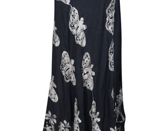 Bohemian Womens Cover up Tank Dress Batik Print Embroidered Sleeveless Black Loose Swing Sundress