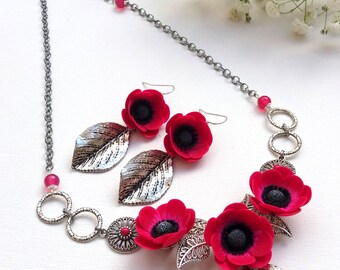 Flower Jewelry Hot Pink Jewelry Anemone Windflower Pink Jewelry Flower Necklace flower Earrings Polymer Jewelry Spring jewelry Gift For Her
