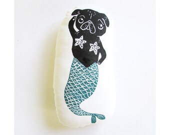 Pug Dog Mermaid Shaped Animal Pillow. Merpug. Hand woodblock printed. Choose any colors. Made to order.