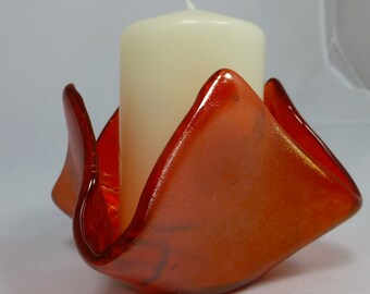 Fused Glass Candle Holder Fern Imprint in Iridescent Orange