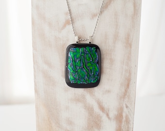 Green and Silver Dichroic Glass Pendant. Includes Chain.