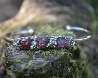 January Birthstone Gift- Garnet Bracelet, Raw Garnet Cuff Bracelet, Pyrite Bracelet, Birthstone Gift, Birthday Gift for January, Mothers Day