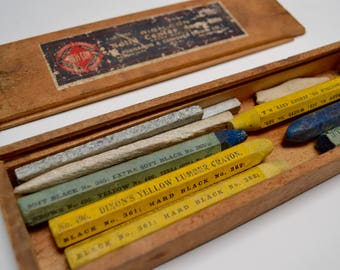 vintage wooden hardware box with Dixon lumber crayons