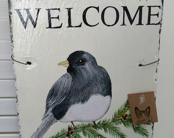 Handpainted bird welcome slate