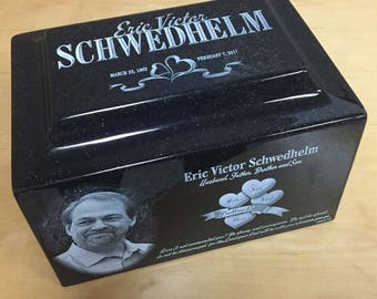 Adult Cremation Urn: 210 lbs. ~ Black Granite Adult Cremation Urn ~ Laser Engraved Urn ~ Custom Photo Urn