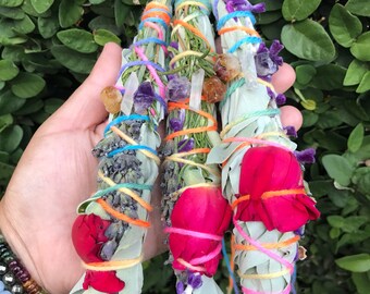 Crystal Power Smudge Sticks - Sage, Rose, Lavender and Rosemary - Charged with Clear Quartz, Amethyst and Citrine