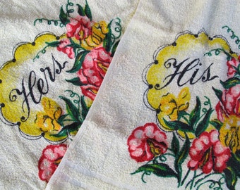 VENTE son et le sien serviette à main vintage set / ensemble jaune floral vintage nouvelle serviette / Kathaway serviettes