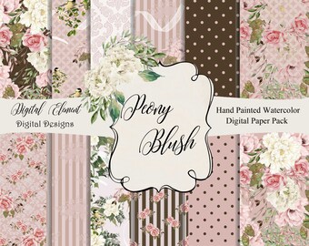 Seamless Digital Paper, Peony Digital Paper, Peony Seamless Paper, Pink and White Hand Drawn Florals. No. P214