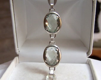2 Stone Gemstone Bracelet Sterling Artisan Altered Authentic Vintage Oval Link Bangle Style Genuine Prasiolite