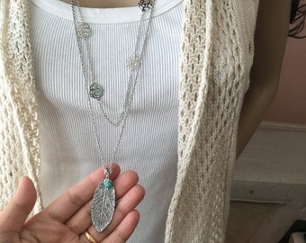 Two Layer sweater chain necklace with Leaf Pendant