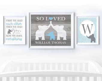 Custom Baby Boy Gift Personalized Elephant Nursery Wall Art Set of 3, First We Had Each Other Elephant Nursery Decor, Elephant Baby Shower