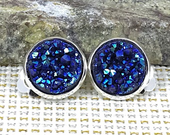 Slate Blue Druzy Clip On Earrings - Drusy - Clip On Earrings - Earrings - Non Pierced Earrings - Clip On - Earrings Clip Ons - Druzy Jewelry