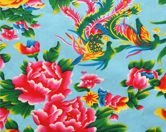 Tissu Chininois tissus chinois vintage pivoine ameublement bleu au demi mètre 0.5m