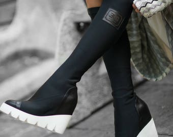 Neoprene Womens Boots, Woman Shoes, Women black shoes, womens black boots, Black Leather Neoprene Shoes by EUG FASHION - SH0827Ne