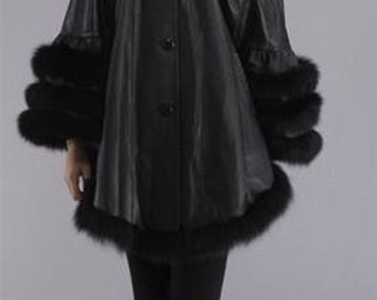 Beautiful Leather Cape with Black Fox Fur Trim