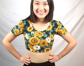 Super 80s Floral Sunflower Spandex Cropped Top