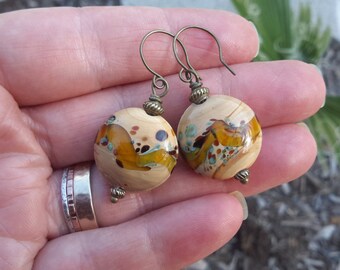 Swirly Lampwork Earrings | Tan & Amber Puffy Glass Lentils