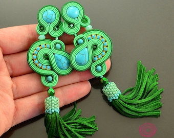 Long green tassel earrings, turquoise earrings, long lime earrings, soutache earrings, long earrings green, fringe earrings, boho earrings