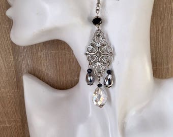 Crystal drop long earrings with black crystals from Swarovski