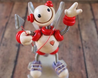 Robot Cupid Valentine's Day Geeky Mini Robot Sculpture White Red TECHIE LOVE GIFT
