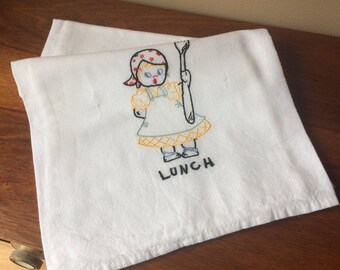 Vintage Dish Towel Cotton Lunch Dishtowel Mid Century Embroidered Tea Towel