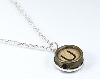 U Typewriter Key Necklace- Letter U Upcycled Steampunk Jewelry, Silver U Initial Necklace, Pendant Necklace, Monogram Necklace, Writer Gift