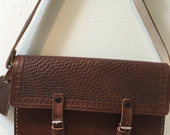1976 Hand Made / Chocolate Brown Leather / Hand Tooled Sides and Flap / Satchel / Shoulder Case