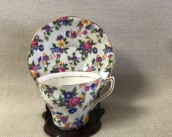 Rosina Vintage English Bone China Tea Cup and Saucer Chintz Pink Purple Blue Yellow Flowers