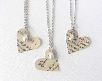 Bridesmaid Jewelry, Book Page Heart Necklace, Bridesmaid Gift, Book Theme Wedding, Pearl Heart Necklace, Book Page Jewelry,