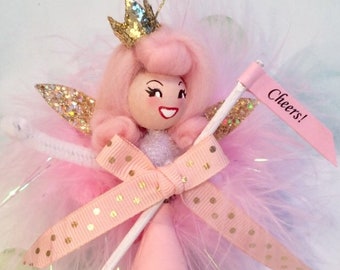 Pink champagne pixie doll ornament pink and gold vintage retro inspired cheers celebrate party decor whimsical fairy