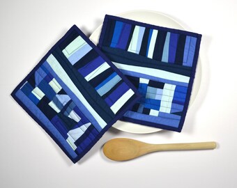 Blue Potholders, Modern Pot Holders, Modern, Hostess Gift, Modern Hot Pads