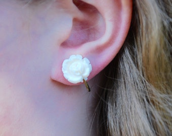Vintage Clip On Earrings Carved Bone Rose Dainty Floral Jewelry Late Art Deco Retro Pre-WWII Early 1940's // Vintage Costume Jewelry