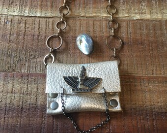 Leather Gift For Her-Women's Accessories-Pouch Necklace-Metallic Pearl Leather-Egyptian Goddess Isis- Hipster Bohemian Jewelry-Valentine's