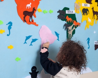 Kids Felt Map, Montessori Map, Montessori Materials, Wild Animal Gift, Montessori Classroom, Montessori Geography, Handmade, Waldorf Toy