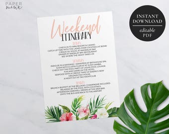 Printable Tropical Weekend Itinerary | Itinerary Template | Editable | Hens Weekend | Hens Party | Bachelorette | Birthday | Tropical Palm