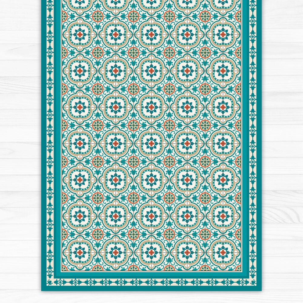 Turquoise Vinyl floor mat with decorative Spanish tiles