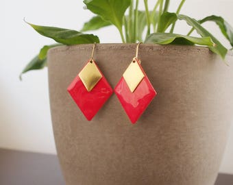 Earrings red geometric diamond Strawberry - enameled jewelry