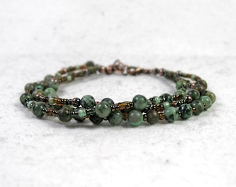 African Turquoise Multi Strand Bracelet, Earthy Gipsy Bracelet, Natural Gemstone, Solid Copper, Boho Bracelet, Rustic, Throat Chakra