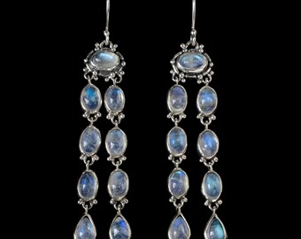 Long Dangling Moonstone Earrings, Rainbow Moonstone Chandelier Earrings, Sterling Silver Rainbow Moonstone Earrings: SCARLET