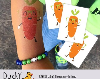 Set of 3 Carrot temporary tattoos. Veggie kids tattoos with hipster vegetable in sunglasses. Vegetable party favors and bunny party favors.