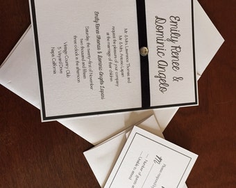 Sophisticated Black and White Wedding Invitation with Velvet Ribbon and Jeweled Accent