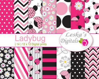 Pink ladybug digital papers, scrapbook paper for commercial use, pink white and black patterned paper, ladybug background