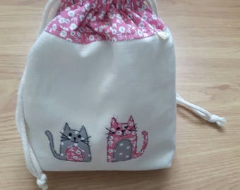 Cat medium knitting project bag, cat drawstring bag, cat crochet project bag, sock project drawstring pouch, cat knitting bag, cat WIP bag