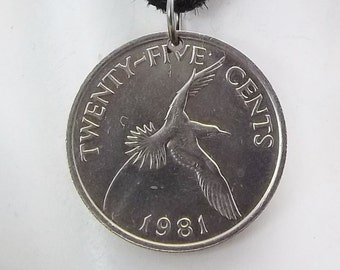 Bird Coin Necklace, Bahamas 25 Cents, Coin Pendant, Leather Cord, Men's Necklace, Women's Necklace, 1981