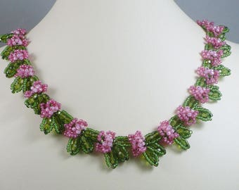 Woven Floral Necklace Rose and Green