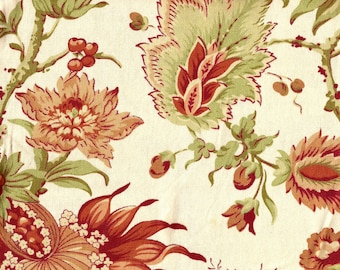 Lovely Green and Coral Floral Decorator Fabric / 100% cotton / 1 yard