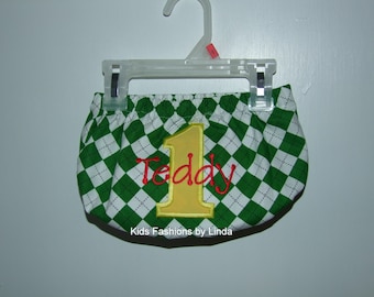 Personalized Dark Green Argyle with Yellow Number /Red Name Diaper Cover