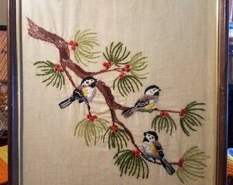 Large Vintage Crewel Embroidered Needlework Birds Framed Wall Art Mid Century