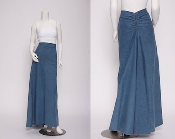 denim maxi skirt with fishtail bustle vintage 1990s • Revival Vintage Boutique